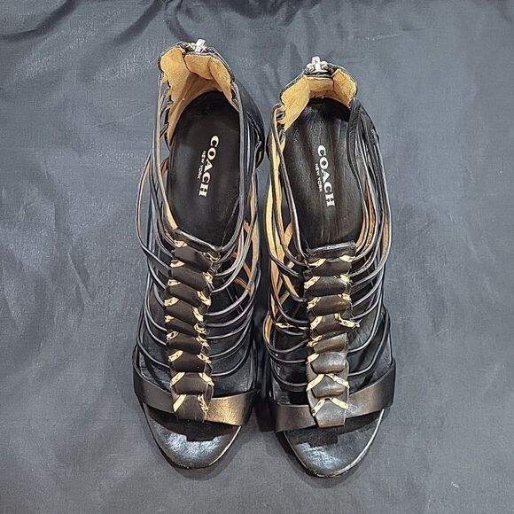 COACH JOSEY WOMEN'S BLACK LEATHER SNAKE HIGH HEELS OPEN TOE SHOES - Picture 4 of 16